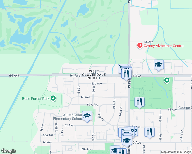 map of restaurants, bars, coffee shops, grocery stores, and more near 6398 166 Street in Surrey