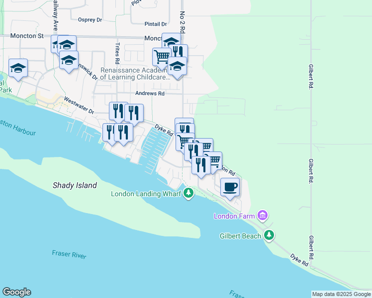 map of restaurants, bars, coffee shops, grocery stores, and more near 13020 Number 2 Road in Richmond