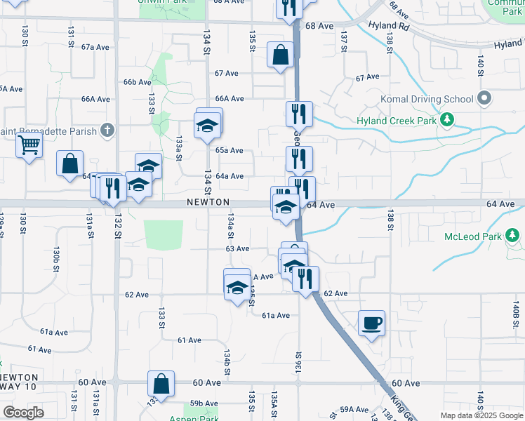 map of restaurants, bars, coffee shops, grocery stores, and more near 13532 64 Avenue in Surrey