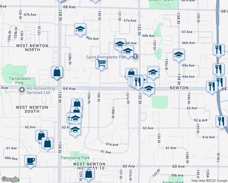 map of restaurants, bars, coffee shops, grocery stores, and more near 13076 64 Avenue in Surrey