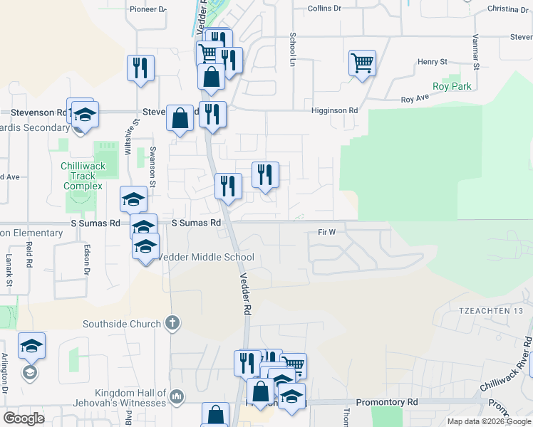 map of restaurants, bars, coffee shops, grocery stores, and more near 15 South Sumas Road in Chilliwack