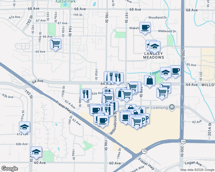 map of restaurants, bars, coffee shops, grocery stores, and more near 6390 196 Street in Langley Township