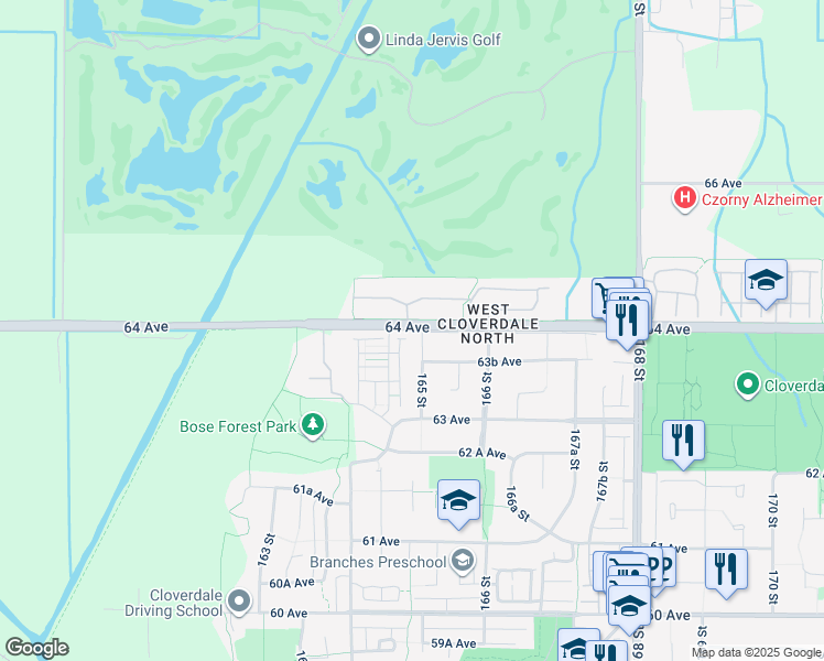 map of restaurants, bars, coffee shops, grocery stores, and more near in Surrey