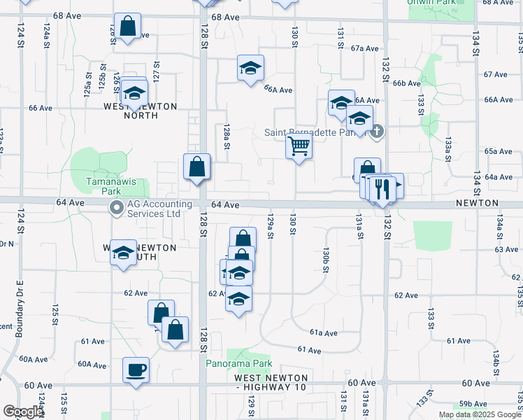map of restaurants, bars, coffee shops, grocery stores, and more near 12928 64 Avenue in Surrey