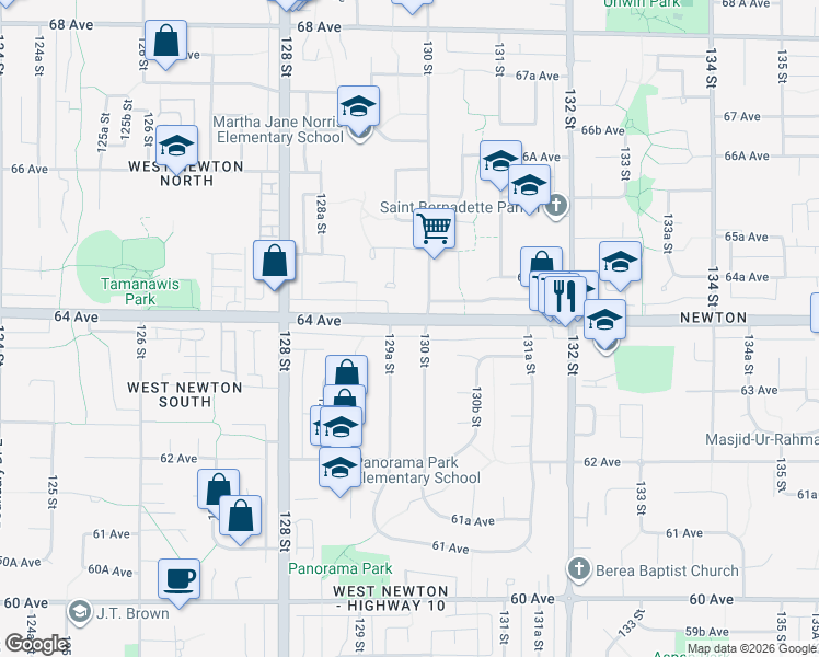 map of restaurants, bars, coffee shops, grocery stores, and more near 12984 64 Avenue in Surrey