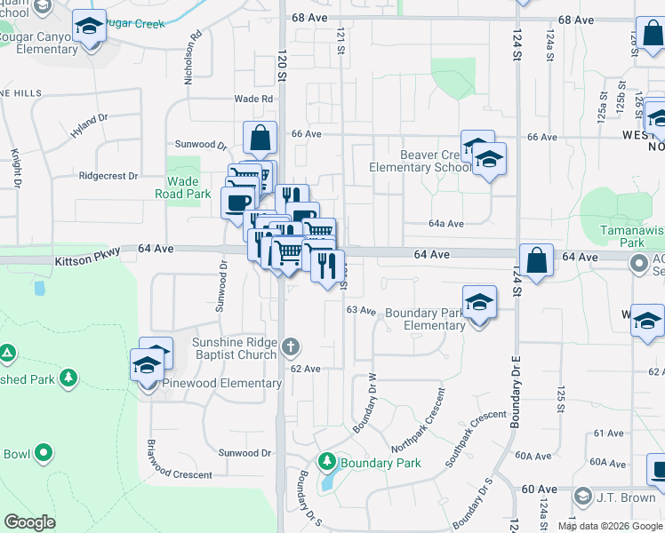 map of restaurants, bars, coffee shops, grocery stores, and more near 6385 121 Street in Surrey