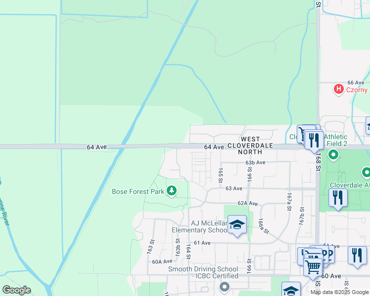 map of restaurants, bars, coffee shops, grocery stores, and more near 16396 64 Avenue in Surrey