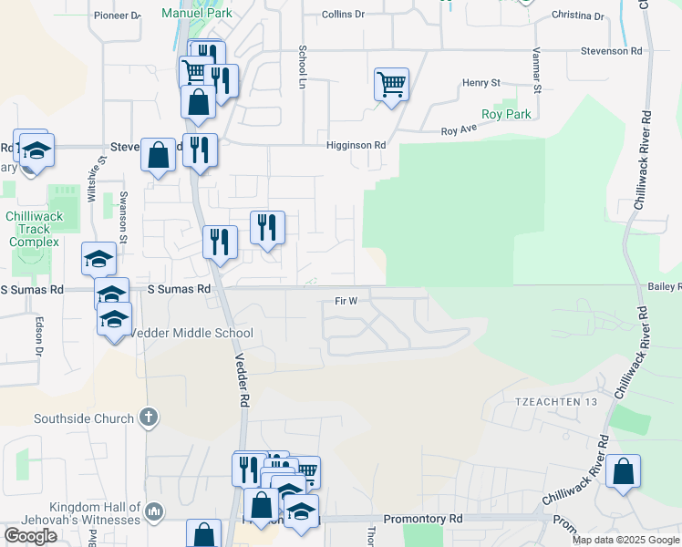 map of restaurants, bars, coffee shops, grocery stores, and more near 45944 Birdie Place in Chilliwack