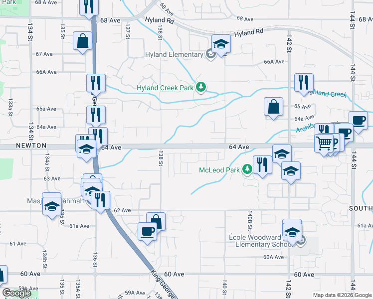 map of restaurants, bars, coffee shops, grocery stores, and more near in Surrey