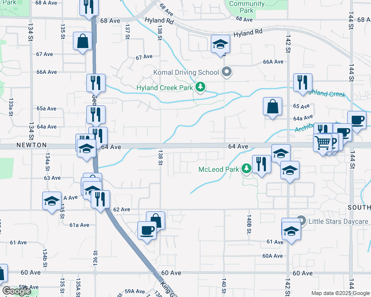 map of restaurants, bars, coffee shops, grocery stores, and more near in Surrey