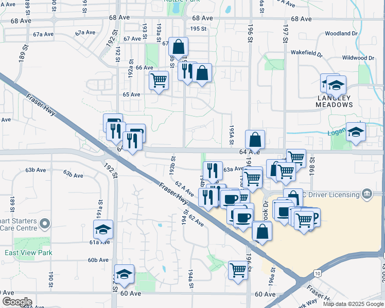 map of restaurants, bars, coffee shops, grocery stores, and more near 19428 64 Avenue in Surrey