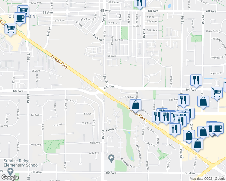 map of restaurants, bars, coffee shops, grocery stores, and more near 19240 64 Avenue in Surrey