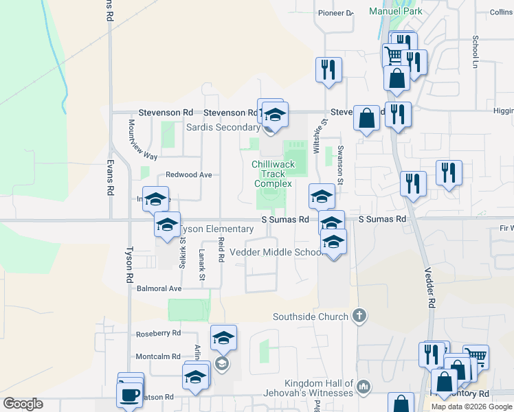 map of restaurants, bars, coffee shops, grocery stores, and more near 45377 South Sumas Road in Chilliwack