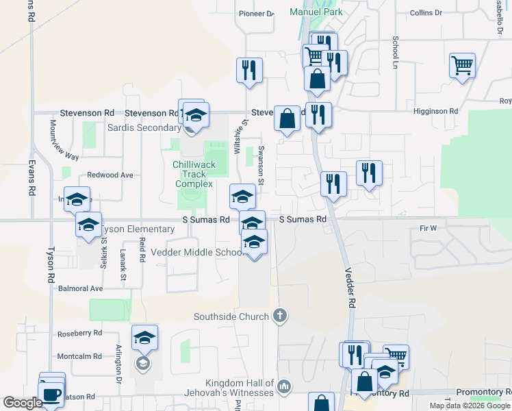 map of restaurants, bars, coffee shops, grocery stores, and more near 6425 Swanson Street in Chilliwack