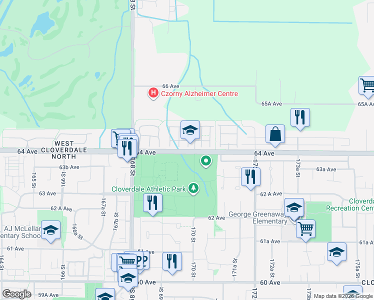 map of restaurants, bars, coffee shops, grocery stores, and more near 17077 64 Avenue in Surrey