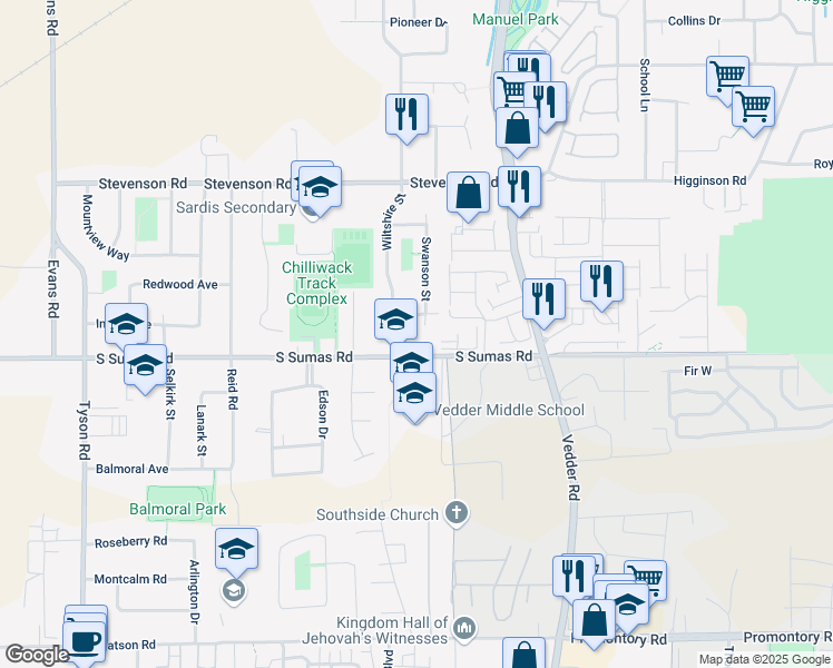 map of restaurants, bars, coffee shops, grocery stores, and more near 6425 Swanson Street in Chilliwack