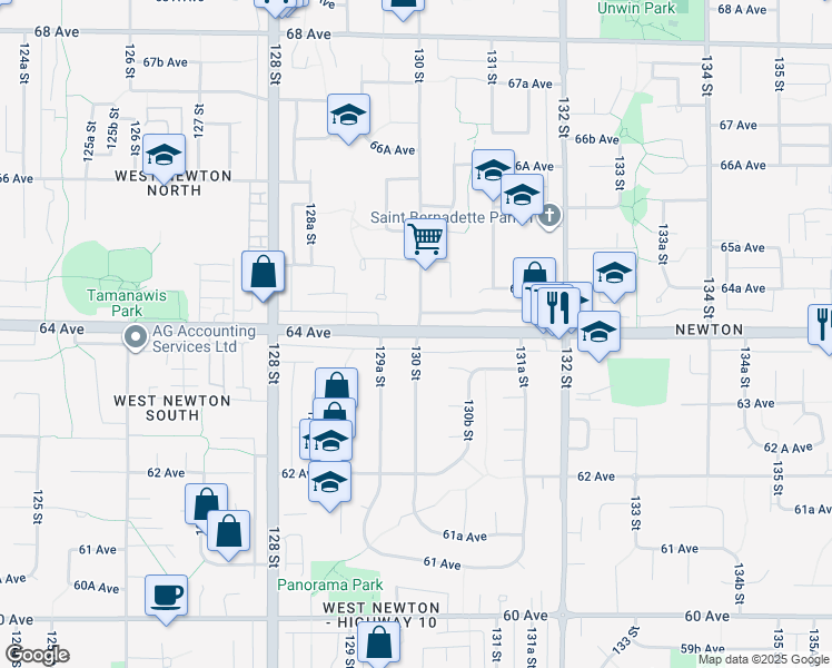 map of restaurants, bars, coffee shops, grocery stores, and more near 12984 64 Avenue in Surrey