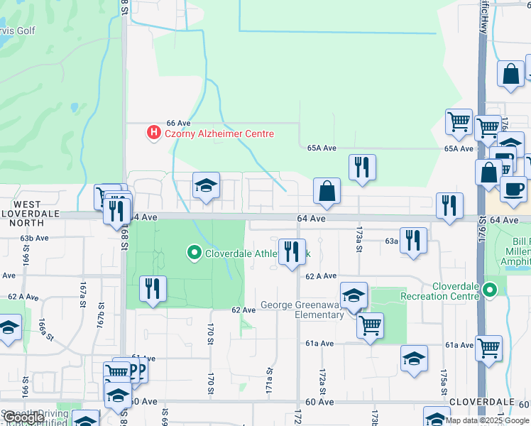 map of restaurants, bars, coffee shops, grocery stores, and more near in Surrey