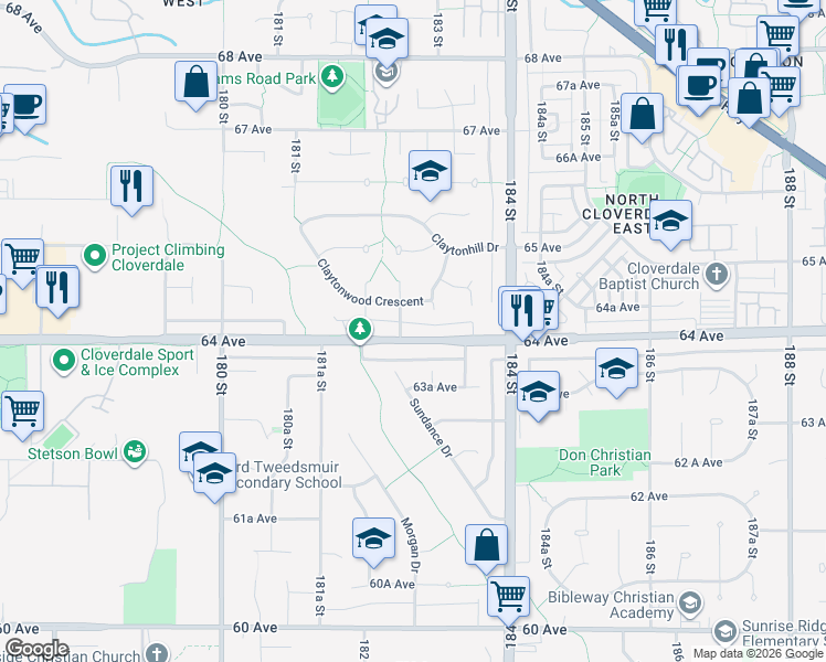 map of restaurants, bars, coffee shops, grocery stores, and more near 18267 64 Avenue in Surrey