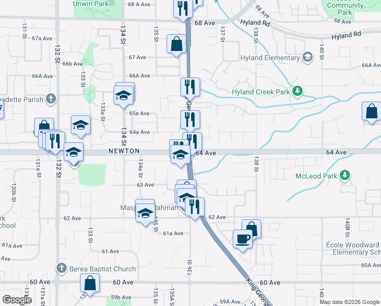 map of restaurants, bars, coffee shops, grocery stores, and more near British Columbia 99 Alternate in Surrey