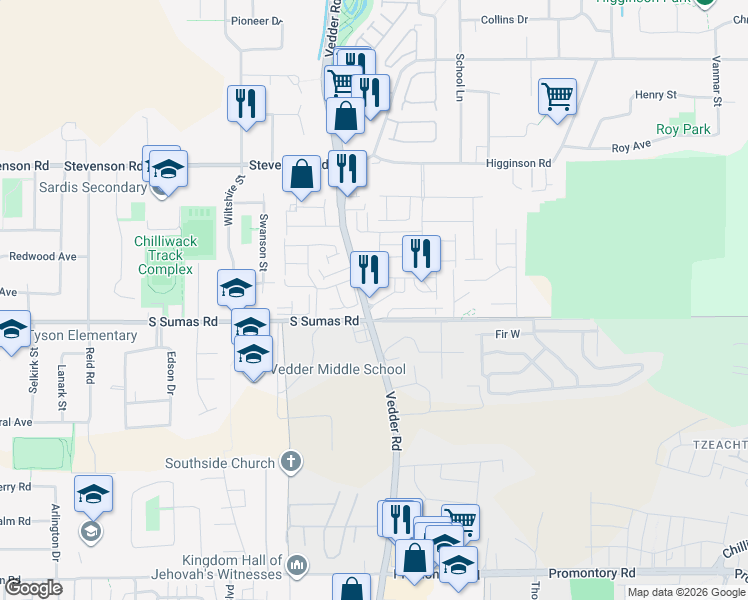 map of restaurants, bars, coffee shops, grocery stores, and more near 6450 Vedder Road in Chilliwack