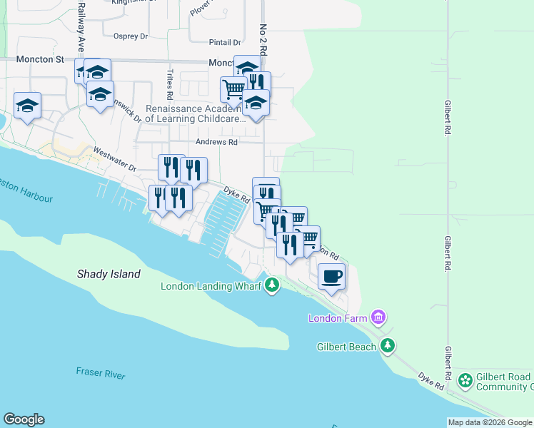 map of restaurants, bars, coffee shops, grocery stores, and more near 13020 Number 2 Road in Richmond