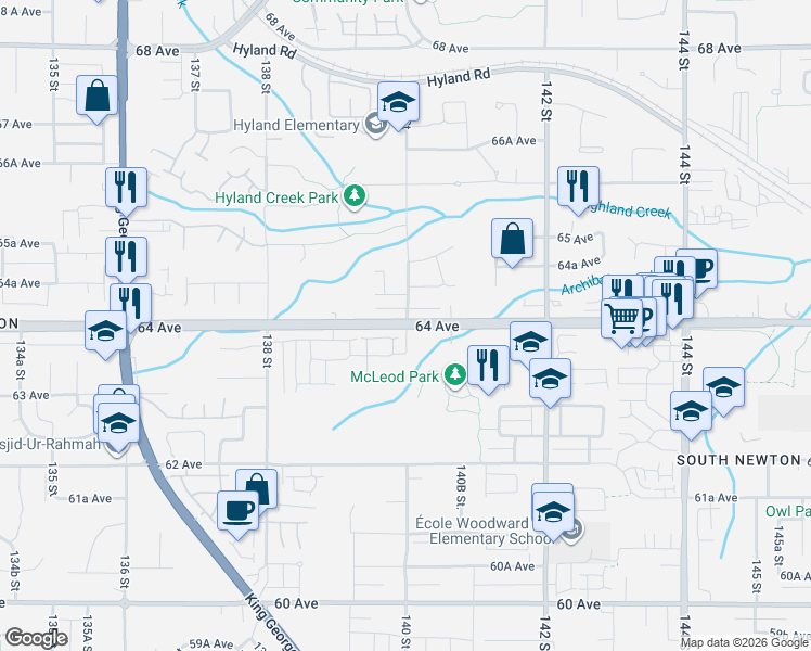 map of restaurants, bars, coffee shops, grocery stores, and more near 64 Ave & 140 St in Surrey