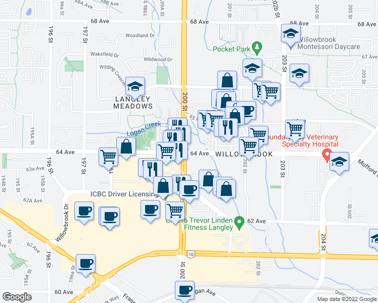 map of restaurants, bars, coffee shops, grocery stores, and more near 209 64 Avenue in Langley