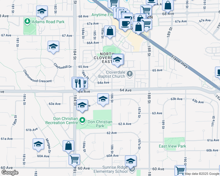 map of restaurants, bars, coffee shops, grocery stores, and more near 18599 64 Avenue in Surrey