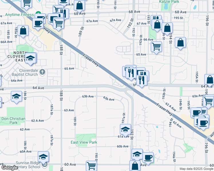 map of restaurants, bars, coffee shops, grocery stores, and more near in Surrey