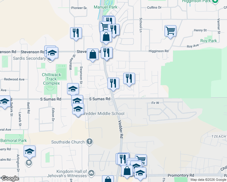 map of restaurants, bars, coffee shops, grocery stores, and more near 6480 Vedder Road in Chilliwack