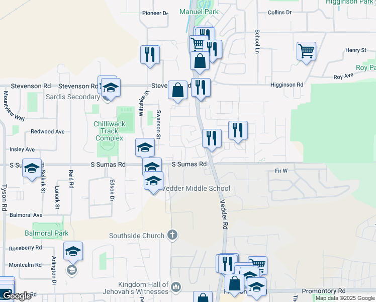 map of restaurants, bars, coffee shops, grocery stores, and more near 7 Blackwood Lane in Chilliwack