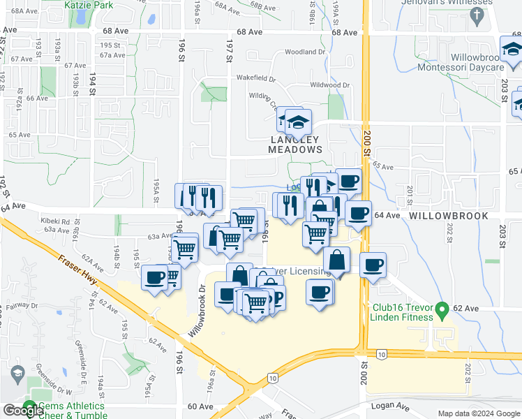 map of restaurants, bars, coffee shops, grocery stores, and more near in Langley Township