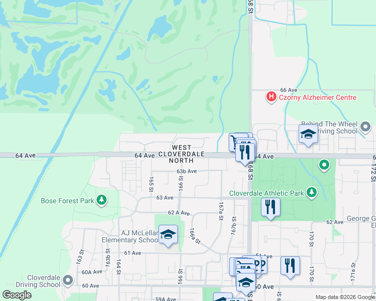 map of restaurants, bars, coffee shops, grocery stores, and more near 16655 64 Avenue in Surrey