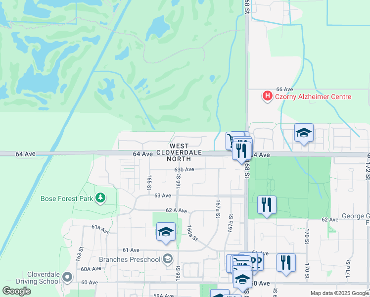 map of restaurants, bars, coffee shops, grocery stores, and more near 16655 64 Avenue in Surrey