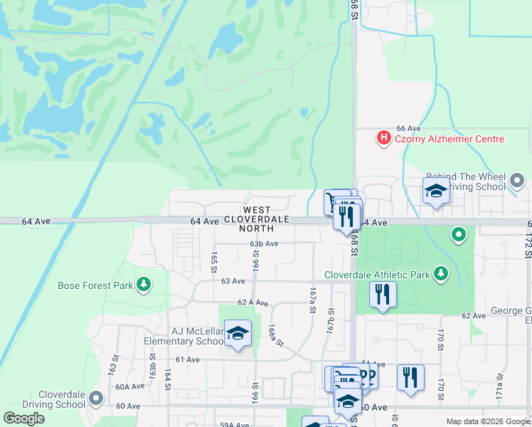map of restaurants, bars, coffee shops, grocery stores, and more near 16655 64 Avenue in Surrey