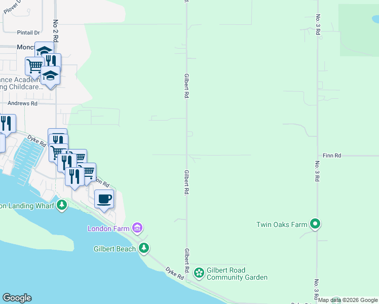 map of restaurants, bars, coffee shops, grocery stores, and more near 12900 Gilbert Road in Richmond