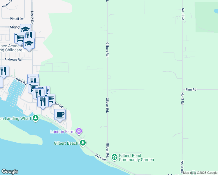 map of restaurants, bars, coffee shops, grocery stores, and more near 12900 Gilbert Road in Richmond