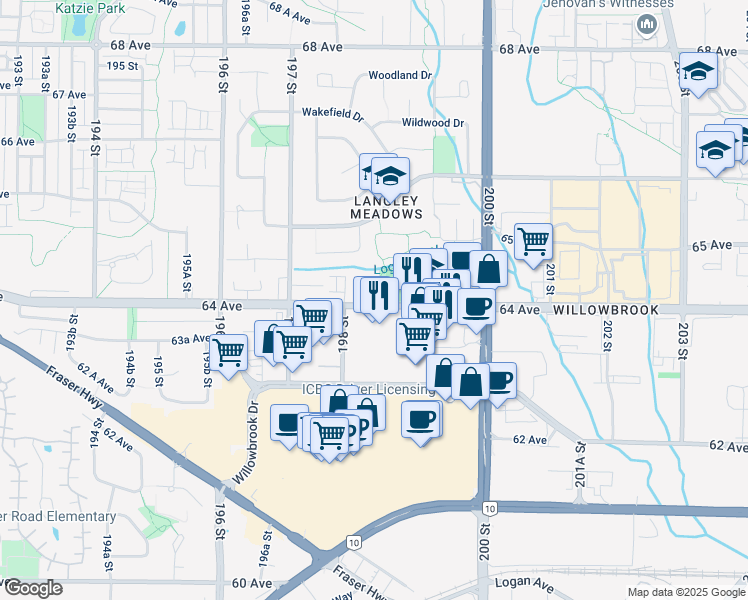 map of restaurants, bars, coffee shops, grocery stores, and more near in Langley