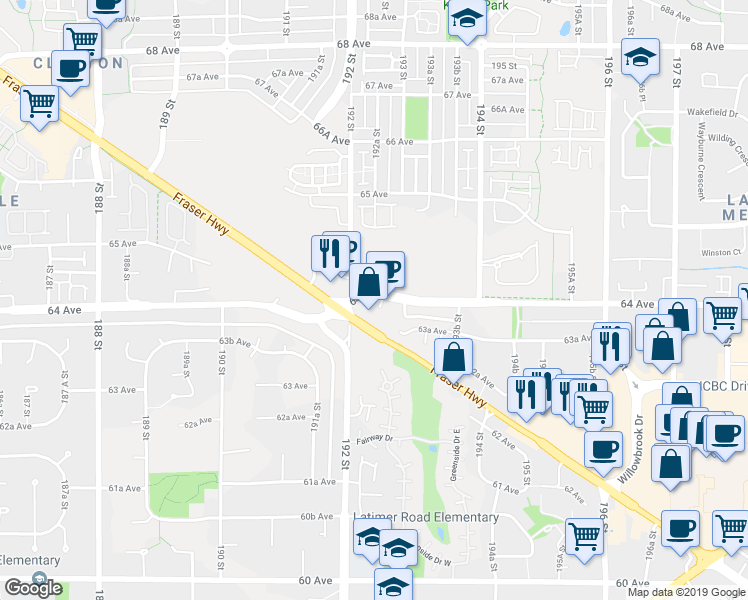 map of restaurants, bars, coffee shops, grocery stores, and more near 19240 64 Avenue in Surrey