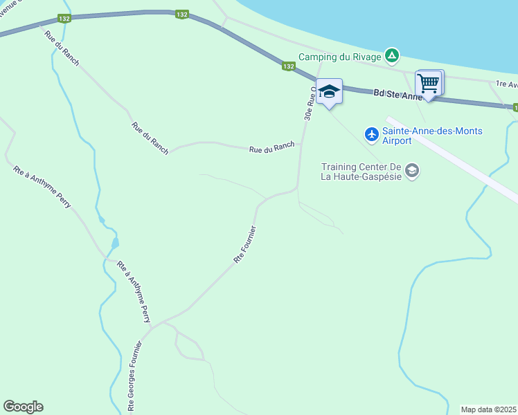 map of restaurants, bars, coffee shops, grocery stores, and more near 30e Rue Ouest in Sainte-Anne-des-Monts--Tourelle