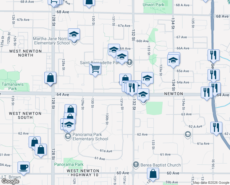map of restaurants, bars, coffee shops, grocery stores, and more near 13105 64 Avenue in Surrey