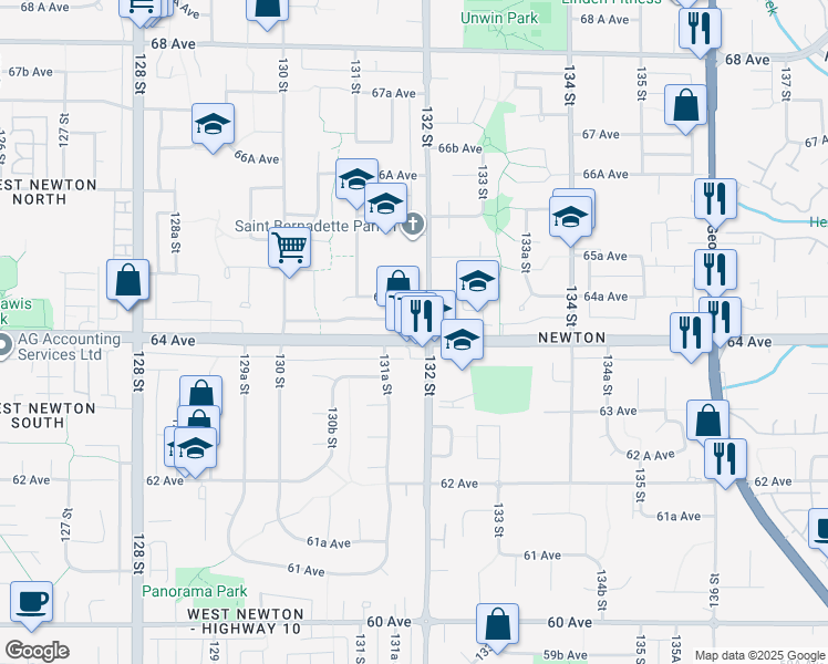 map of restaurants, bars, coffee shops, grocery stores, and more near 13179 64 Avenue in Surrey