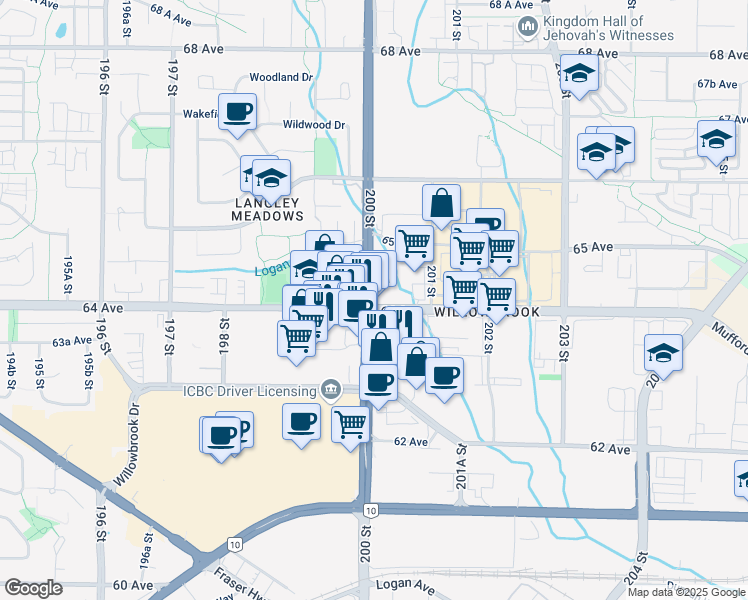 map of restaurants, bars, coffee shops, grocery stores, and more near 19721 64 Avenue in Langley City