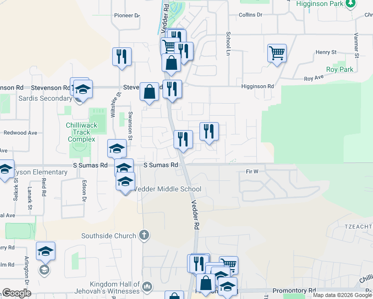 map of restaurants, bars, coffee shops, grocery stores, and more near Vedder Road in Chilliwack