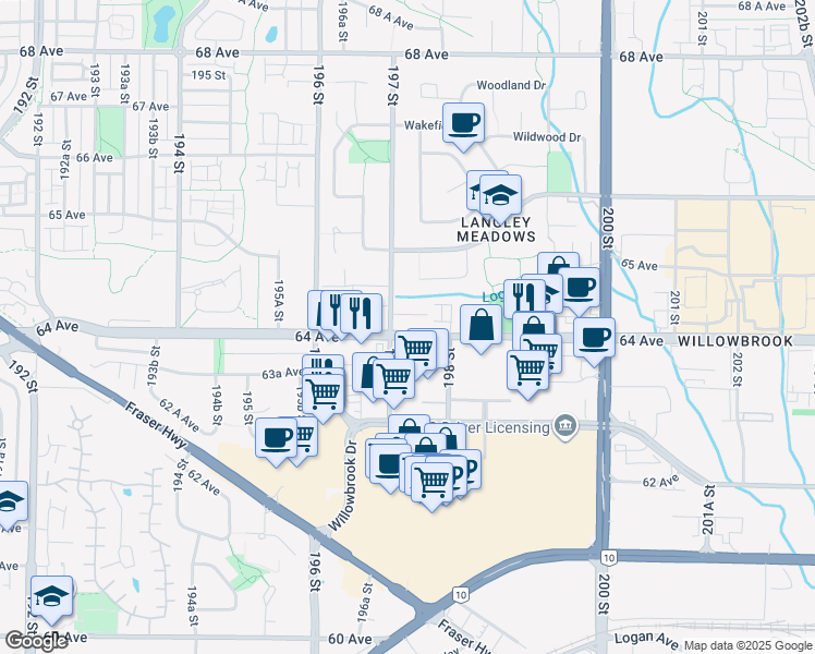 map of restaurants, bars, coffee shops, grocery stores, and more near 19721 64 Avenue in Langley Township