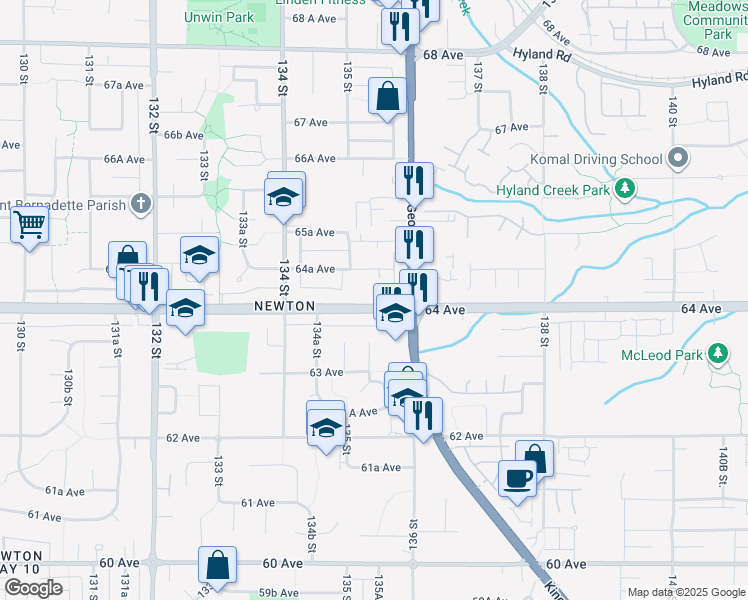 map of restaurants, bars, coffee shops, grocery stores, and more near 13535 64 Avenue in Surrey