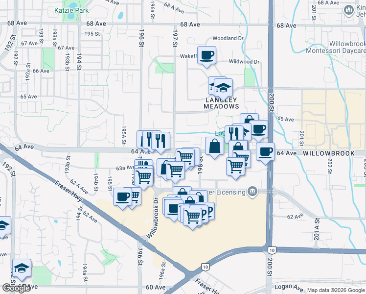 map of restaurants, bars, coffee shops, grocery stores, and more near 19721 64 Avenue in Langley Township