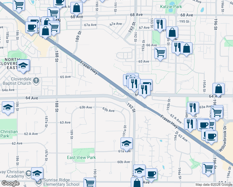 map of restaurants, bars, coffee shops, grocery stores, and more near 19097 64 Avenue in Surrey
