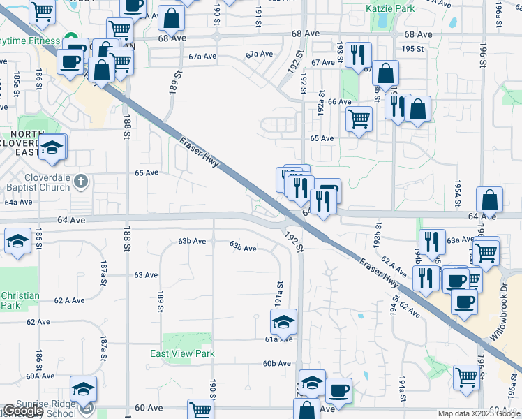 map of restaurants, bars, coffee shops, grocery stores, and more near 19097 64 Avenue in Surrey